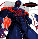  1boy absurdres bara blue_bodysuit bodysuit bue_june covered_abs english_text highres large_pectorals male_focus marvel mask miguel_o&#039;hara muscular muscular_male pectorals red_bodysuit solo spider-man:_across_the_spider-verse spider-man:_into_the_spider-verse spider-man_(2099) spider-man_(series) thick_thighs thighs two-tone_bodysuit 