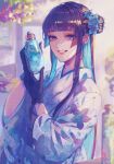  1girl bellflower black_gloves black_hair blue_flower blue_hair blue_kimono blunt_bangs blunt_ends blurry blurry_background bottle chinese_bellflower colored_inner_hair earrings floral_print flower flower_earrings fujikawa_ua gloves hair_bun hair_flower hair_ornament herbarium highres holding holding_bottle japanese_clothes jewelry kimono lens_flare light_particles long_hair looking_at_viewer mole mole_under_mouth multicolored_clothes multicolored_hair multicolored_kimono obi original parted_lips purple_eyes purple_flower sash short_bangs single_side_bun smile solo upper_body white_kimono 