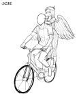  2023 anon_(snoot_game) anthro artist_name bald bicycle black_and_white clothing dinosaur duo eyelashes fang_(gvh) feathered_wings feathers female fingers goodbye_volcano_high hi_res human jacket jxzuke male mammal monochrome pterodactylus pterosaur reptile riding_bike scalie sketch smile snoot_game_(fan_game) snout topwear watermark wings 