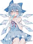  1girl bare_shoulders blue_bow blue_dress blue_eyes blue_hair blush bow cirno detached_wings dress fairy fairy_wings food food_in_mouth hair_between_eyes hair_bow highres ice ice_wings knees looking_at_viewer popsicle popsicle_in_mouth red_ribbon ribbon short_hair simple_background sitting solo sorani_(kaeru0768) touhou white_background wings 