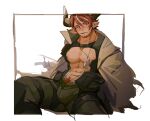  1boy abs animal_ears arknights bara beard bodysuit bulge chest_harness chinstrap_beard cow_boy cow_ears cow_horns cropped_legs dog_tags facial_hair green_bodysuit harness head_tilt highres horns humus_(arknights) large_bulge large_pectorals looking_at_viewer male_focus male_pubic_hair mature_male multicolored_hair muscular muscular_male naughty_face navel_hair open_mouth pectorals pubic_hair pubic_hair_peek red_hair short_hair solo sparse_chest_hair spread_legs stomach streaked_hair sweat thick_eyebrows thick_thighs thighs v-taper xyuu 