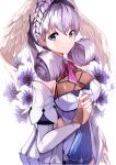  1girl absurdres ascot blue_eyes braid cowboy_shot crown_braid dress flower hairband hand_up head_wings highres looking_at_viewer melia_antiqua puffy_sleeves risumi_(taka-fallcherryblossom) short_dress short_hair smile solo white_flower wings xenoblade_chronicles:_future_connected xenoblade_chronicles_(series) xenoblade_chronicles_1 
