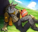  2023 anthro blush bottomwear brown_body brown_fur canid canine canis clothing fur gamu_ya gift green_eyes hi_res jackal jacket lifewonders looking_at_viewer male mammal multicolored_body multicolored_fur on_grass pants seth_(tas) solo tokyo_afterschool_summoners topwear white_body white_fur 