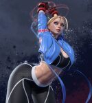  1girl 3d abs absurdres antenna_hair blonde_hair blue_eyes blue_jacket breasts cammy_stretch_(meme) cammy_white cleavage highres jacket large_breasts lips long_sleeves meme midriff navel pants popogori solo sports_bra stomach street_fighter street_fighter_6 stretching thick_thighs thighs tight tight_pants toned yoga_pants 