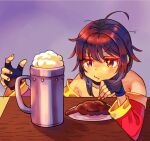  1girl ahoge alcohol annoyed bare_shoulders beer beer_mug black_gloves blush closed_mouth collarbone commentary cup dress elbow_rest eyelashes fingerless_gloves food gloves kono_subarashii_sekai_ni_shukufuku_wo! long_sleeves looking_at_object loose_hair_strand meat megumin messy_hair mug nail_polish off-shoulder_dress off_shoulder plate pout purple_background red_dress red_eyes red_nails short_hair short_hair_with_long_locks sidelocks solo table tonkatsu v-shaped_eyebrows yuuku 