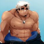  1boy abs akiha_gongen_(housamo) arms_at_sides bandaid bandaid_on_face bandaid_on_nose bara clothes_down dark-skinned_male dark_skin dog_tags facial_hair goatee horns jinnai10 large_pectorals looking_ahead male_focus multicolored_hair muscular muscular_male navel nipples open_jumpsuit pectorals scar scar_across_eye scar_on_cheek scar_on_face short_hair sideburns single_horn solo stomach thick_eyebrows tokyo_afterschool_summoners topless_male two-tone_hair unzipped white_hair 