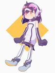  1girl african_penguin_(kemono_friends) black_hair boots elbow_gloves full_body gloves hauru_252 headphones highres hood hoodie kemono_friends kemono_friends_v_project kneehighs long_hair microphone multicolored_hair penguin_girl penguin_tail purple_hair simple_background skirt sleeveless socks solo tail virtual_youtuber white_hair yellow_background 