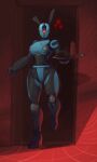  &lt;3 1_eye 2023 ada_(fallout) assaultron_(fallout) bethesda_softworks blue_body dildo evil_tradesman fake_ears fake_rabbit_ears fallout female front_view full-length_portrait hi_res humanoid lube machine not_furry on_one_leg portrait red_eyes robot robot_humanoid sex_toy solo standing walking 