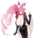  1girl absurdres animal_ear_fluff animal_ears black_bodysuit bodysuit bow breasts center_opening choker cleavage collarbone fate/grand_order fate_(series) fox_ears fox_girl fox_tail gebijiade_89 glasses hair_between_eyes hair_bow highres hip_vent index_finger_raised koyanskaya_(assassin)_(first_ascension)_(fate) koyanskaya_(fate) large_breasts long_hair looking_at_viewer pink_bow pink_hair ponytail sidelocks smile solo tail tamamo_(fate) thighs yellow_eyes 