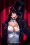  1girl black_hair blue_eyes breasts cleavage dc_comics flower hat jacket looking_at_viewer prywinko red_background red_lips rose spotlight top_hat wizard zatanna_zatara 