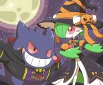  1girl arms_up black_dress black_eyes black_headwear black_jacket blush blush_stickers bob_cut bow bowtie brooch closed_mouth clothed_pokemon colored_sclera colored_skin detached_sleeves dress flat_chest full_body full_moon gardevoir gengar green_hair green_skin grin hair_over_one_eye halloween happy hat hat_bow hat_ribbon high_collar highres jacket jewelry looking_at_viewer moon multicolored_skin night one_eye_covered orange_bow orange_bowtie orange_ribbon orange_sleeves outdoors pokemon pokemon_(creature) purple_sky red_eyes red_sclera ribbon short_hair short_sleeves sky sleeveless sleeveless_dress smile standing star_(sky) teeth two-tone_skin white_skin witch_hat yoshio_(yoshi00000091) zubat 