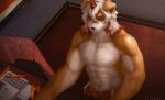  2021 absurd_res anthro arknights canid canine canis clothed clothing domestic_dog fur furniture hair hi_res horn hung_(arknights) hypergryph inside jannn_val long_hair male mammal multicolored_body multicolored_fur multicolored_hair muscular muscular_anthro muscular_male orange_hair riot_shield shield solo studio_montagne table tan_body tan_fur topless topless_anthro topless_male two_tone_body two_tone_fur two_tone_hair white_body white_fur white_hair 