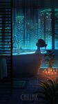  1girl absurdres bathroom bathtub blue_theme building candle city_lights closed_eyes closed_mouth curtains english_text highres indoors neon_lights night original pasoputi plant ponytail potted_plant rubber_duck scenery short_hair sitting skyscraper solo steam towel towel_rack window 