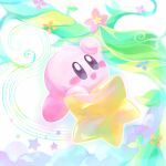  :d above_clouds arm_up bean_stalk blue_eyes blush blush_stickers cloud commentary_request dreamstalk flower highres kirby kirby_(series) leaf no_humans open_mouth pink_flower riding smile solo star_(symbol) stern_(stern_dream) warp_star 