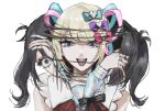  1girl ame-chan_(needy_girl_overdose) black_eyes black_hair black_ribbon blonde_hair blue_bow blue_eyes blue_hair blue_shirt body_horror bow chouzetsusaikawa_tenshi-chan collared_shirt constricted_pupils crazy_smile dual_persona hair_bow hair_ornament hands_up heart heart_hair_ornament highres long_hair long_sleeves looking_at_viewer multicolored_hair muted_color needy_girl_overdose open_mouth pink_bow pink_hair purple_bow quad_tails ribbon sailor_collar sanmanako shedding_skin shirt simple_background smile solo split_head twintails upper_body white_background 