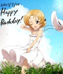  1girl 9s0ykoyama117 absurdres blue_sky cloud cloudy_sky dated dress floating_clothes floating_hat girls_und_panzer grass happy_birthday highres on_grass one_eye_closed orange_pekoe_(girls_und_panzer) sky solo white_dress wind 