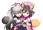  2girls :d animal_ears black_gloves black_hair black_scarf black_skirt blue_archive commentary_request depaken elbow_gloves eyeshadow fingerless_gloves fox_ears fox_girl fox_hair_ornament fox_tail gloves gradient_hair grey_hair hadanugi_dousa hair_between_eyes hair_ornament halo holding_hands interlocked_fingers izuna_(blue_archive) japanese_clothes kuji-in long_hair long_sleeves looking_at_viewer makeup medium_hair michiru_(blue_archive) multicolored_hair multiple_girls ninja one_side_up pleated_skirt pom_pom_(clothes) pom_pom_hair_ornament raccoon_girl raccoon_hair_ornament raccoon_tail red_eyeshadow red_scarf rope scarf school_uniform serafuku shimenawa sidelocks simple_background skirt sleeveless smile tail thick_eyebrows twintails two-tone_hair white_background wide_sleeves yellow_eyes 