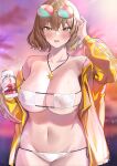  1girl absurdres alcohol anis_(nikke) anis_(sparkling_summer)_(nikke) arm_up bikini blush breasts brown_hair can cleavage commentary_request cowboy_shot eyepatch_bikini eyewear_on_head goddess_of_victory:_nikke hair_between_eyes highres holding holding_can jacket jewelry large_breasts lens_flare looking_at_viewer micro_bikini navel necklace open_clothes open_jacket open_mouth outdoors pink-tinted_eyewear shio05_(05_sio) short_hair side-tie_bikini_bottom smile solo standing string_bikini sunglasses sunset swimsuit tinted_eyewear underboob wet white_bikini yellow_eyes yellow_jacket 