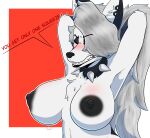  angry anthro big_breasts black_nipples blush breasts canid canid_demon canine clothing collar demon dialogue digital_media_(artwork) ear_piercing eyes_closed female fur hair hands_behind_head hellhound helluva_boss hi_res loona_(helluva_boss) mammal nipples nude open_mouth piercing red_sclera showing_teeth simple_background solo sos_or_loss talking_to_viewer white_body white_fur 