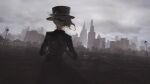  1girl black_coat black_headwear blue_bow boater_hat bow building city coat cowboy_shot day dutch_angle empire_state_building facing_away from_behind grey_hair hair_bun hat hat_bow highres lamppost new_york official_art outdoors overcast reverse:1999 short_hair single_side_bun sky solo stone_floor vertin_(reverse:1999) 