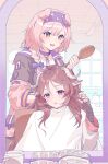  2girls animal_ears arknights black_cape book braid brown_eyes brown_hair brushing_hair cape cup dog_ears eyjafjalla_(arknights) goldenglow_(arknights) hair_brush hair_salon highres horns jacket long_hair long_sleeves looking_at_mirror mirror mug multiple_girls open_mouth oxy_(ho2) pink_hair red_eyes smile 