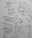  2023 absurd_res alphys anthro bodily_fluids boss_monster bovid caprine deltarune dialogue english_text eyewear female female_(lore) glasses goat gynomorph heat_(temperature) hi_res intersex looking_at_bulge mammal monochrome perrox reptile scalie size_difference sweat text toriel traditional_media_(artwork) undertale undertale_(series) 