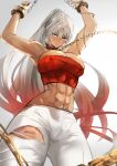  abs armpits arms_up bare_shoulders blue_eyes breasts chain cleavage collar cuffs dark-skinned_female dark_skin earrings fate/grand_order fate_(series) grey_hair highres jewelry jikihatiman large_breasts long_hair looking_at_viewer metal_collar midriff muscular muscular_female navel pants red_tube_top shackles solo strapless torn_clothes torn_pants tube_top very_long_hair white_pants zenobia_(dream_portrait)_(fate) zenobia_(fate) 