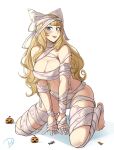  1girl absurdres bandages blonde_hair blue_eyes blunt_bangs bow breasts candy charlotte_(fire_emblem) delicious_brain fire_emblem fire_emblem_fates food hair_bow halloween halloween_costume highres jack-o&#039;-lantern large_breasts looking_at_viewer mummy_costume open_mouth short_bangs solo white_bow 