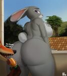  anthro anus big_butt brouva butt buttplug canid canine claws dialogue disney duo female fox fur grey_body grey_fur hi_res judy_hopps lagomorph leporid licking_buttplug male male/female mammal nick_wilde nude open_mouth palm_tree plant plug_(sex_toy) purple_eyes rabbit rear_view sex_toy sharp_teeth teeth thick_thighs tongue tongue_out tree zootopia 