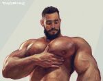  1boy arm_hair artist_name bara beard black_hair chest_hair facial_hair facing_viewer grabbing grey_background large_pectorals looking_down male_focus muscular muscular_male mustache nipples original pectoral_grab pectorals realistic short_hair solo theo_(theobromicart) upper_body 