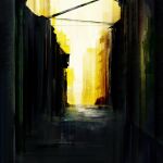  absurdres aerial_(aerial_30) alley balcony building dark highres light no_humans orange_sky original painting_(medium) road scenery sky street traditional_media 