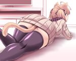  1girl ahoge animal_ears black_thighhighs blonde_hair blue_eyes brown_sweater cat_ears cat_girl cat_tail from_behind indoors long_sleeves looking_at_viewer looking_back lying on_stomach original pudding_(tonpuu) ribbed_sweater scarf solo sweater tail thighhighs tonpuu twintails 