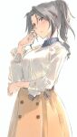  1girl alice_gear_aegis black_hair blue_eyes blush breasts buttons closed_mouth collared_shirt earrings jewelry large_breasts long_hair long_sleeves looking_at_viewer orange_skirt polka_dot ponytail shirt simple_background skirt solo suzumaru white_background white_shirt yamano_kaoruko 