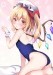  1girl :o absurdres ass bare_arms bare_shoulders bed_sheet blonde_hair blush breasts competition_school_swimsuit crystal flandre_scarlet from_side hair_between_eyes hand_up hat highres kneeling looking_at_viewer looking_back medium_hair mob_cap on_bed one_side_up open_mouth red_eyes school_swimsuit shirotsuki_shirone small_breasts solo swimsuit touhou white_headwear wings wrist_cuffs 