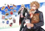  2boys black_jacket black_nails black_pants blonde_hair blue_sky burger can candy chocolate cloud cloudy_sky cola command_spell cookie cup cupcake daybit_sem_void disposable_cup drink drinking drinking_straw eating fate/grand_order fate_(series) food hair_between_eyes hand_in_pocket highres holding holding_food hot_dog ice_cream jacket jewelry ketchup long_hair long_sleeves looking_at_viewer male_focus masaki-rt meat medallion milkshake multiple_boys necklace open_clothes open_jacket orange-tinted_eyewear pants pizza purple_eyes sandwich sesame_seeds shirt short_hair sky soda soda_can star_(symbol) sunglasses tezcatlipoca_(fate) tinted_eyewear trench_coat walking white_shirt wrapper 