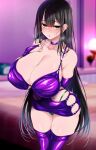  1girl bare_shoulders black_hair blurry blurry_background blush bodycon breasts character_request copyright_request dress earrings green_panties hair_between_eyes highres hoop_earrings huge_breasts indoors jewelry long_hair open_mouth panties purple_dress pussy_juice solo sweat tanizakura_shidare thighs underwear very_long_hair yellow_eyes 