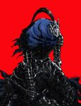  1boy armor artist_name artorias_the_abysswalker cape dark_souls_(series) dark_souls_i full_armor gauntlets helmet highres holding holding_sword holding_weapon knight male_focus menaslg pauldrons red_background shoulder_armor simple_background solo standing sword torn_clothes weapon 