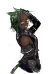  1girl animal_ears armor bare_shoulders cat_ears cat_girl cat_tail clenched_teeth dark-skinned_female dark_skin doraeshi final_fantasy final_fantasy_xiv glasses green_hair green_tail hand_on_own_head highres miqo&#039;te short_hair simple_background slit_pupils solo tail teeth warrior_of_light_(ff14) white_background yellow_eyes 