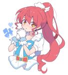  1girl :o blue_bow blush bow cropped_torso gloves hair_between_eyes hands_up heart long_hair looking_at_viewer nojima_minami own_hands_together ponytail pretty_(series) pripara puffy_short_sleeves puffy_sleeves red_hair shiratama_mikan shirt short_sleeves sidelocks solo upper_body very_long_hair white_background white_gloves white_shirt wing_hair_ornament yellow_eyes 