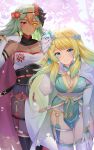  2girls alternate_hairstyle black_mask blonde_hair blue_eyes blush bodysuit breasts cape doiparuni earrings elbow_gloves fire_emblem fire_emblem_heroes fishnet_bodysuit fishnets fjorm_(fire_emblem) fjorm_(ice_ascendant)_(fire_emblem) fjorm_(ninja)_(fire_emblem) flaming_eye flower gloves green_eyes hair_flower hair_ornament highres jewelry kodachi kunai laegjarn_(fire_emblem) laegjarn_(flame_ascendant)_(fire_emblem) laegjarn_(ninja)_(fire_emblem) leaning_forward long_hair looking_at_viewer mask mask_on_head medium_breasts multiple_girls ninja official_alternate_costume official_alternate_hairstyle parted_lips pelvic_curtain red_cape red_eyes short_sword smile sword teeth thigh_strap thighhighs thighs very_long_hair weapon white_cape white_gloves white_mask 