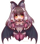  1girl animal_ears bat_ears bat_girl bat_wings brown_eyes brown_hair brown_long-eared_bat_(kemono_friends) elbow_gloves extra_ears gloves grey_hair hikarikmy kemono_friends kemono_friends_v_project leotard long_hair looking_at_viewer pantyhose shoes simple_background skirt solo virtual_youtuber wings 