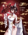  1girl absurdres animal_ears bare_shoulders black_hair breasts chinese_clothes cleavage cleavage_cutout clothing_cutout english_commentary fennec_fox fox_ears fox_girl fox_tail green_eyes hair_between_eyes hand_fan highres holding holding_fan honkai:_star_rail honkai_(series) long_hair looking_at_viewer medium_breasts paper_fan ponytail ringeko-chan smile solo tail thighs tingyun_(honkai:_star_rail) 