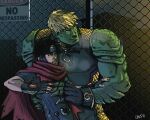  2boys alien bara bare_arms black_hair black_shirt blonde_hair cloak colored_skin couple cris_art ear_piercing fence fingernails forehead_protector green_scales green_skin hulkling large_hands male_focus marvel multiple_boys muscular muscular_male pectorals piercing red_cloak serious sharp_fingernails shirt short_hair sideburns thick_eyebrows torn_cloak torn_clothes upper_body wiccan yaoi 