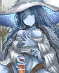  1girl absurdres bar_censor blue_eyes blue_skin breasts candle censored cloak colored_skin convenient_censoring cracked_skin elden_ring extra_arms extra_faces frown fur_cloak girl_on_top handjob hat highres large_hat leogust medium_breasts mosaic_censoring no_nipples no_panties one_eye_closed penis ranni_the_witch underboob witch_hat 