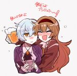  2girls angela_(project_moon) ascot beer_mug blue_coat blue_hair blush brown_hair closed_eyes coat collared_shirt cup drinking drunk hairband library_of_ruina long_hair malkuth_(project_moon) mug multiple_girls open_mouth project_moon red_hairband shirt short_hair sidelocks simple_background smile translated upper_body very_long_hair white_ascot white_background white_shirt yellow_eyes yono_neie yuri 