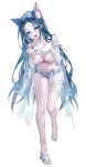  1girl animal_ear_fluff animal_ears anklet bare_legs bare_shoulders bent_over blue_eyes blue_hair blue_ribbon blush bra breasts cat_ears cat_girl cleavage collarbone detached_sleeves head_tilt highres jewelry large_breasts legs light_blue_shorts long_hair looking_at_viewer muaooooo navel open_mouth original pale_skin parted_bangs ribbon see-through see-through_sleeves sharp_teeth shoes short_shorts shorts sidelocks simple_background smile solo standing standing_on_one_leg stomach strap teeth thigh_strap thighs toeless_footwear toes underwear very_long_hair white_background white_footwear 