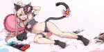  1girl absurdres ahoge animal_ears animal_hands cat_ears cat_lingerie cat_paws cat_tail cleavage_cutout clothing_cutout english_commentary flat_chest gooroomee highres long_hair lying meme_attire navel nintendo_switch on_side onii-chan_wa_oshimai! oyama_mahiro pillow ribbon solo tail tail_ornament tail_ribbon thigh_strap twintails 