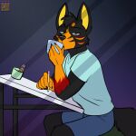  anthro black_body black_fur black_hair black_nose canid clothed clothing foxenawolf fur hair male mammal pencil_(object) police sitting solo yellow_ears 