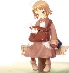  1girl blue_eyes blush book brown_bag brown_footwear brown_gloves brown_hair brown_jacket brown_shirt brown_socks closed_mouth commentary_request cowlick euca_(recita) expressionless full_body gloves hair_ornament holding holding_book jacket long_sleeves lowres lunatic_(ragnarok_online) merchant_(ragnarok_online) rabbit ragnarok_online shirt shoes short_hair sign sitting socks star_(symbol) star_hair_ornament 