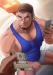  2boys absol_(dkqthf) bandaid bandaid_on_face bandaid_on_nose bara beard black_hair blue_tank_top chest_hair facial_hair highres holding holding_money holding_phone large_pectorals male_focus money multiple_boys muscular muscular_male nipples open_mouth original pectorals phone short_hair shorts sidecut solo_focus tank_top white_shorts yaoi 